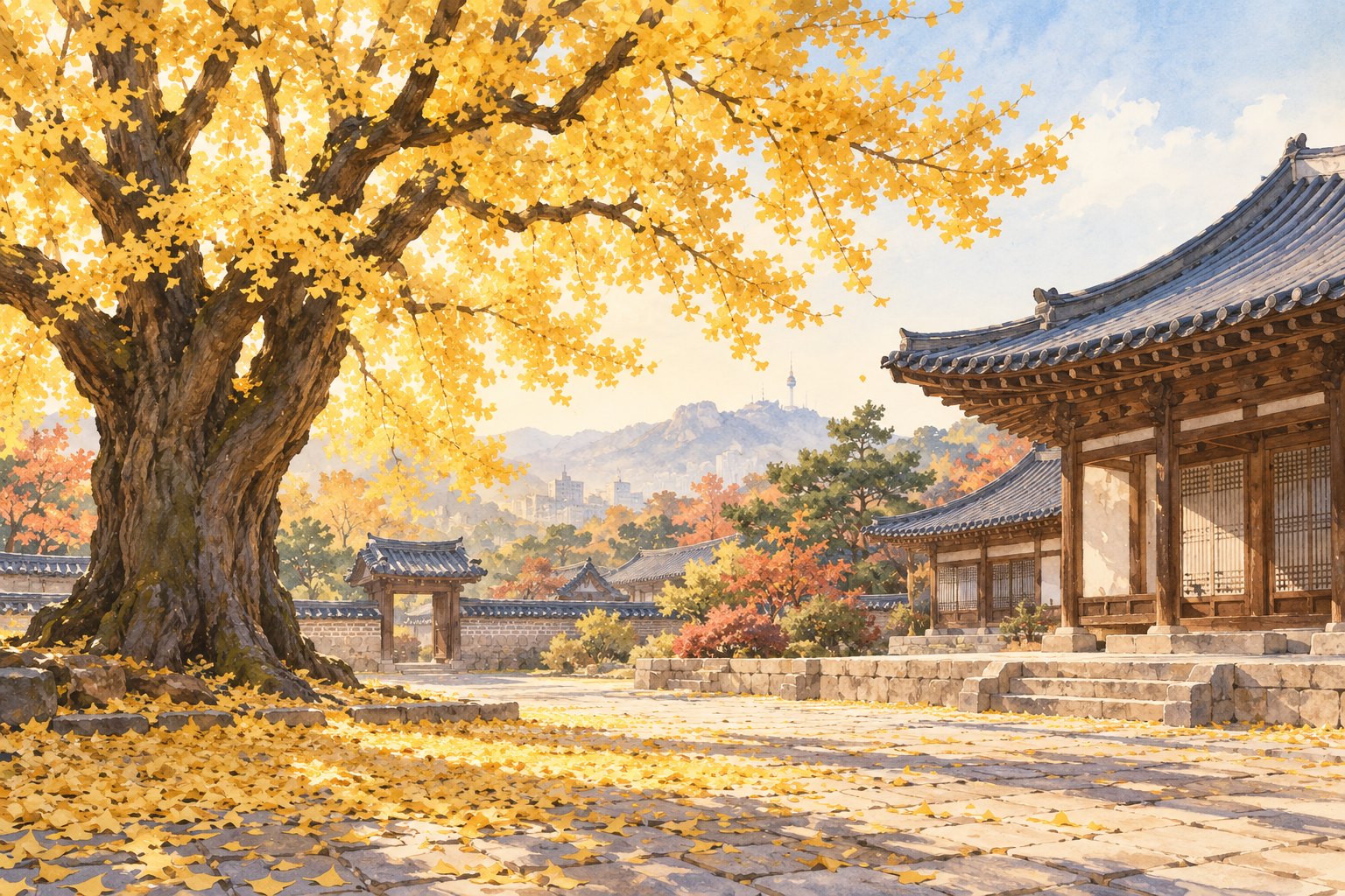 黄金色に色づいた大きなイチョウと、瓦屋根の伝統的な学び舎が並ぶ秋の中庭のイラスト