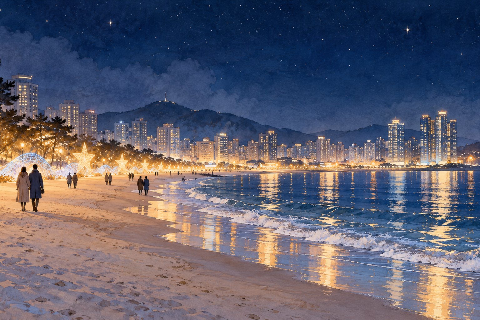 겨울밤 바닷가에 별과 파도 모양의 빛 전시가 늘어서 있고 코트 차림의 사람들이 산책하는 모습